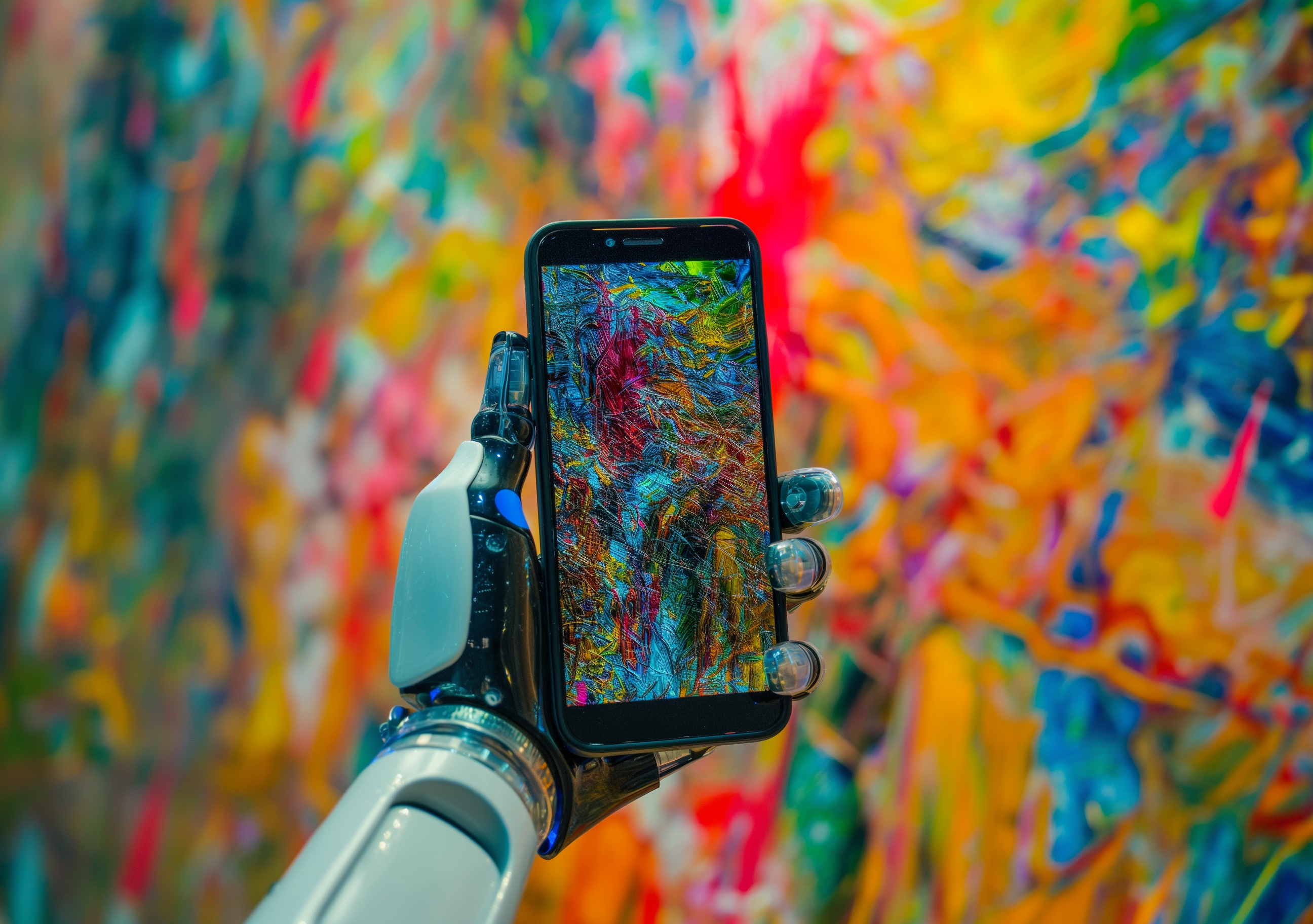 POV of a roboter arm holding a smartphone in the style of van gogh, bright colors, stock photo, high res –ar 20:14 –v 5 | © Der Mons / Michael Bauer